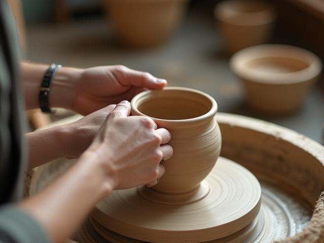 Artisan creating intricate ceramic pottery