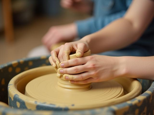 Person's hands shaping clay on a pottery wheel