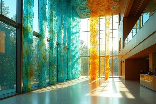 Stunning large-scale architectural glass installation in a modern building, showcasing abstract designs and light play.
